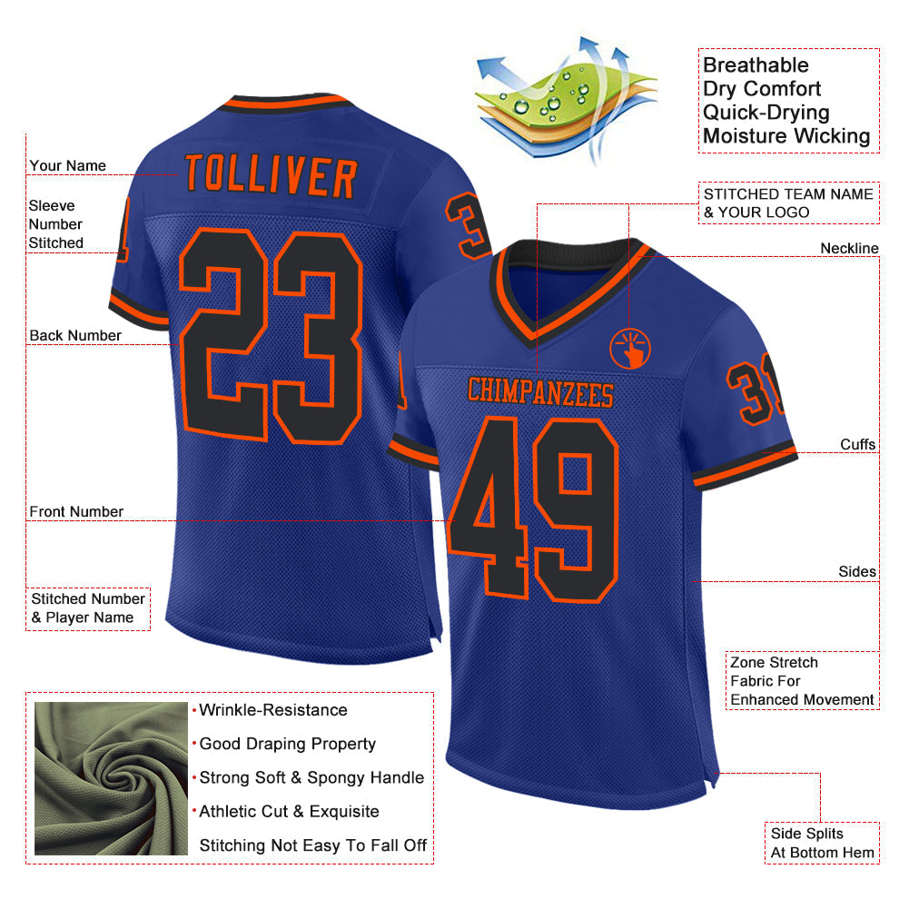 Custom Royal Black-Orange Mesh Authentic Throwback Football Jersey view 2
