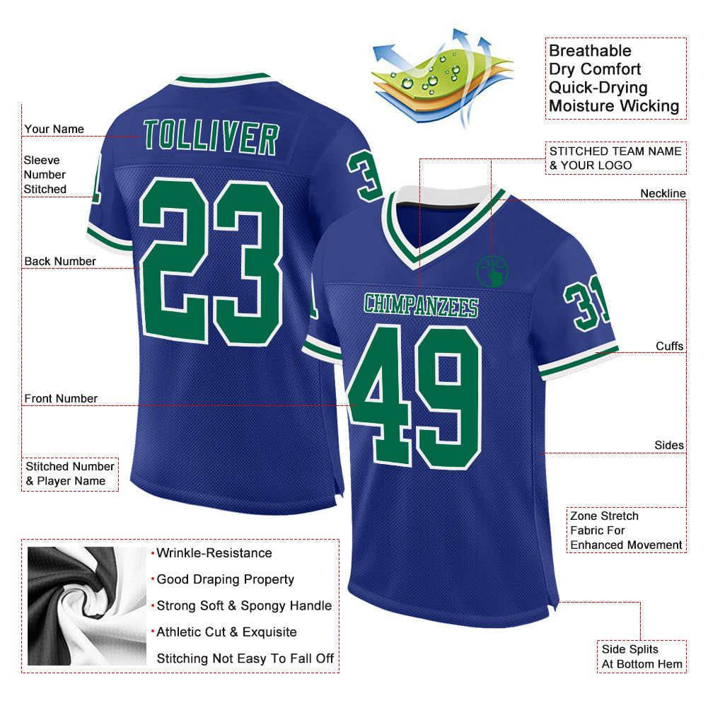 Custom Royal Kelly Green-White Mesh Authentic Throwback Football Jersey view 2