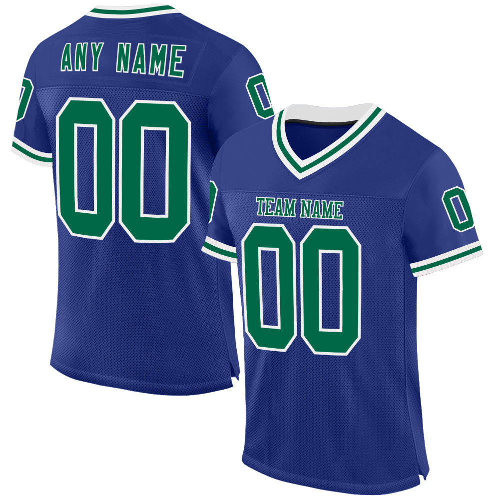 Custom Royal Kelly Green-White Mesh Authentic Throwback Football Jersey - Main View