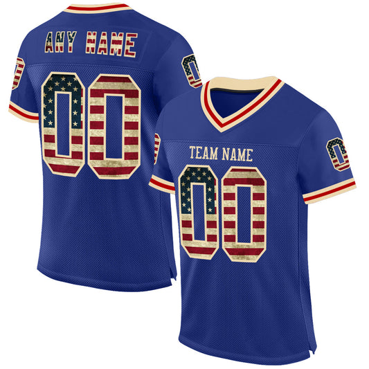 Custom Royal Vintage USA Flag Cream-Red Mesh Authentic Throwback Football Jersey - Main View