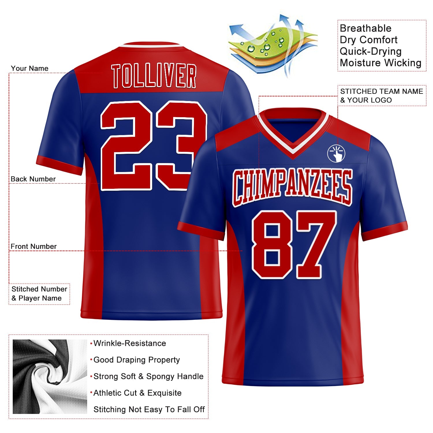 Custom Royal Red-White Authentic Football Jersey view 3