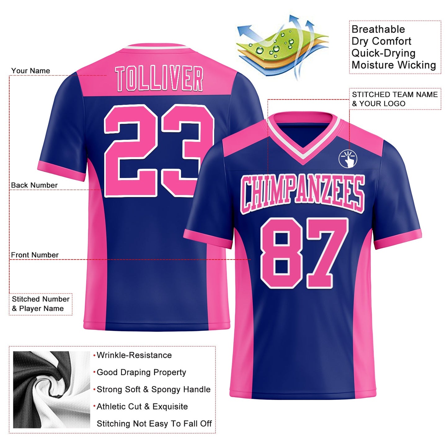 Custom Royal Pink-White Authentic Football Jersey view 3