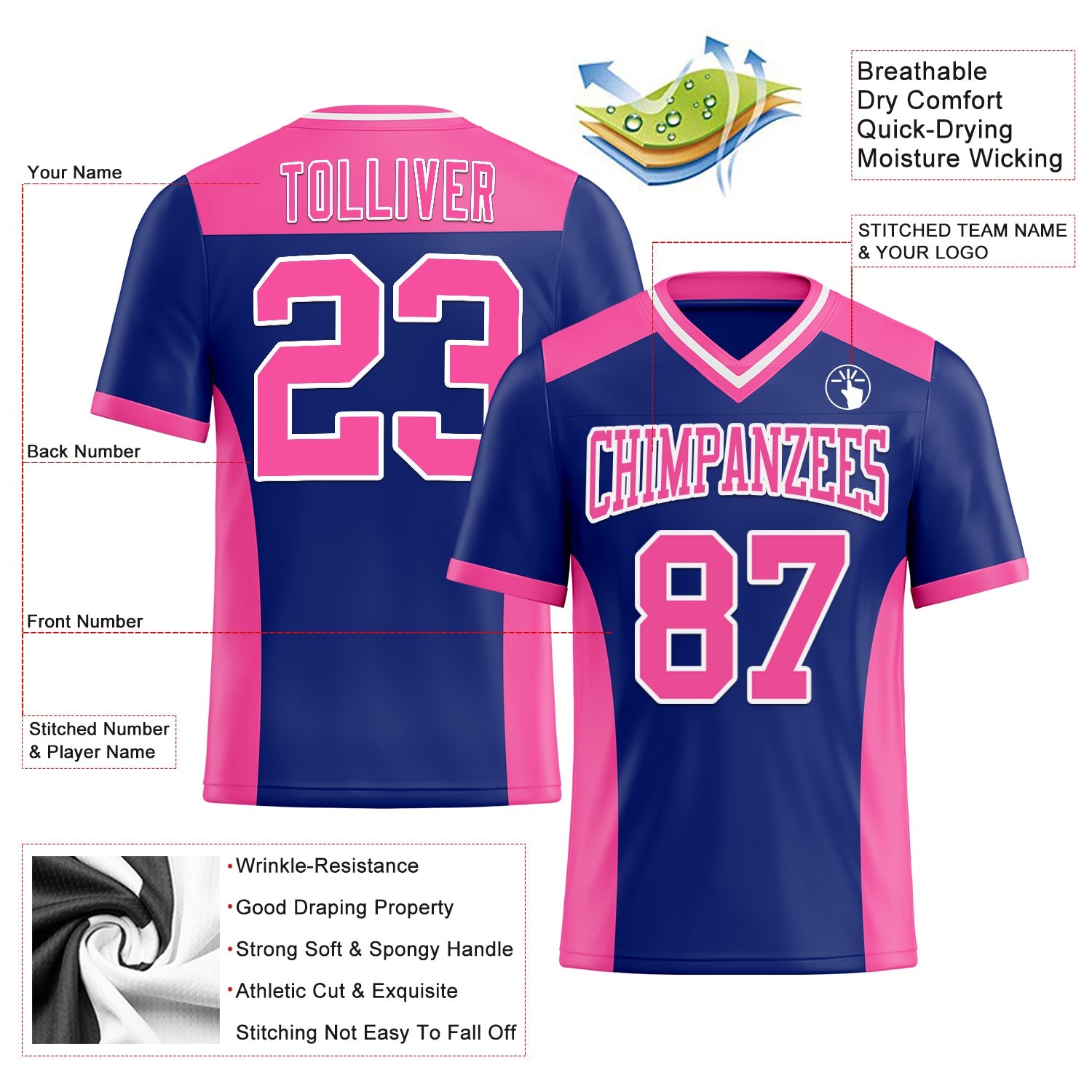 Custom Royal Pink-White Authentic Football Jersey view 3