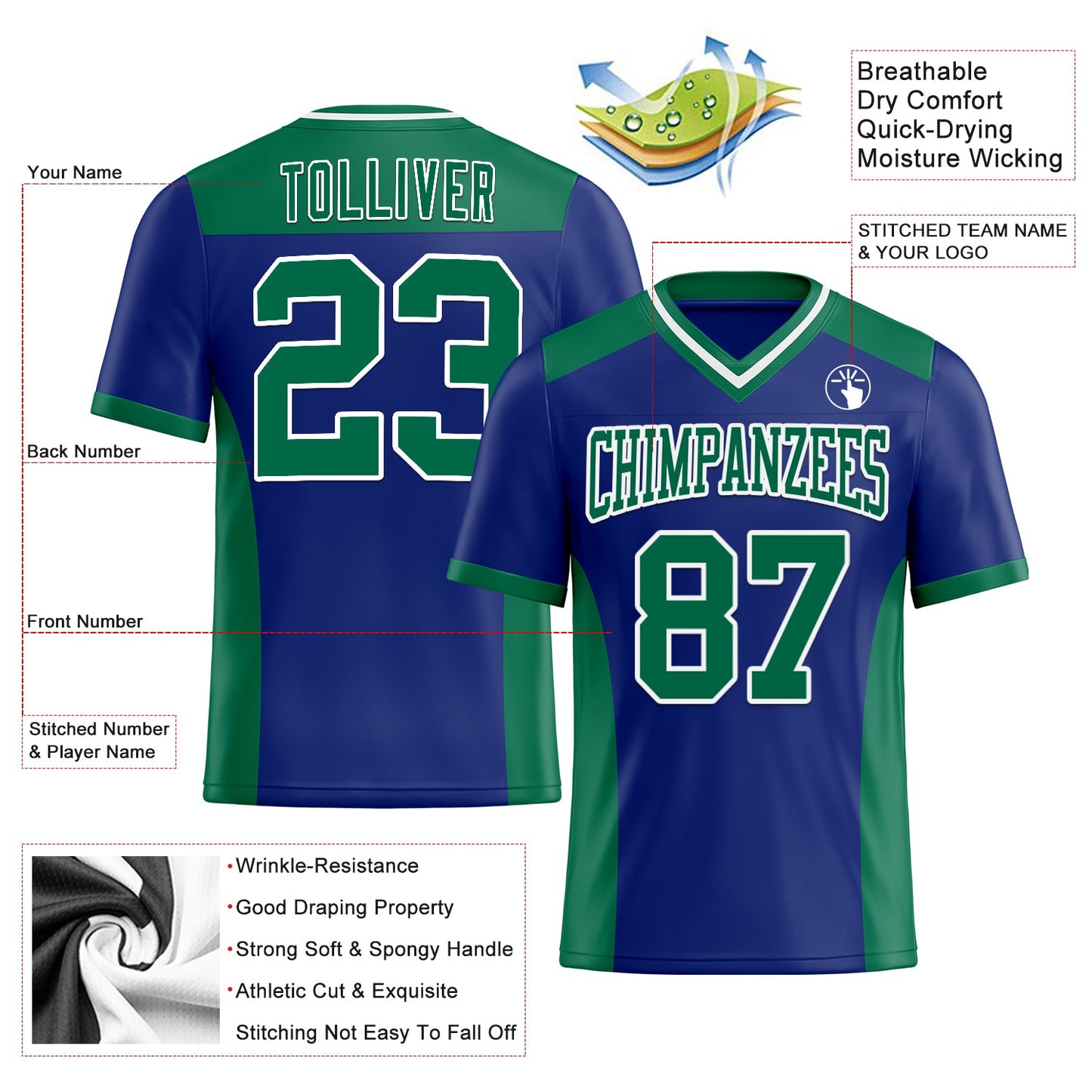 Custom Royal Kelly Green-White Authentic Football Jersey view 3