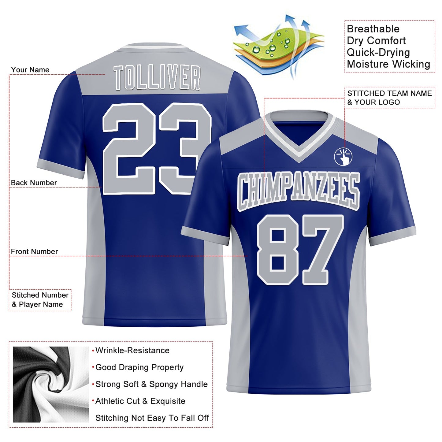 Custom Royal Gray-White Authentic Football Jersey view 3