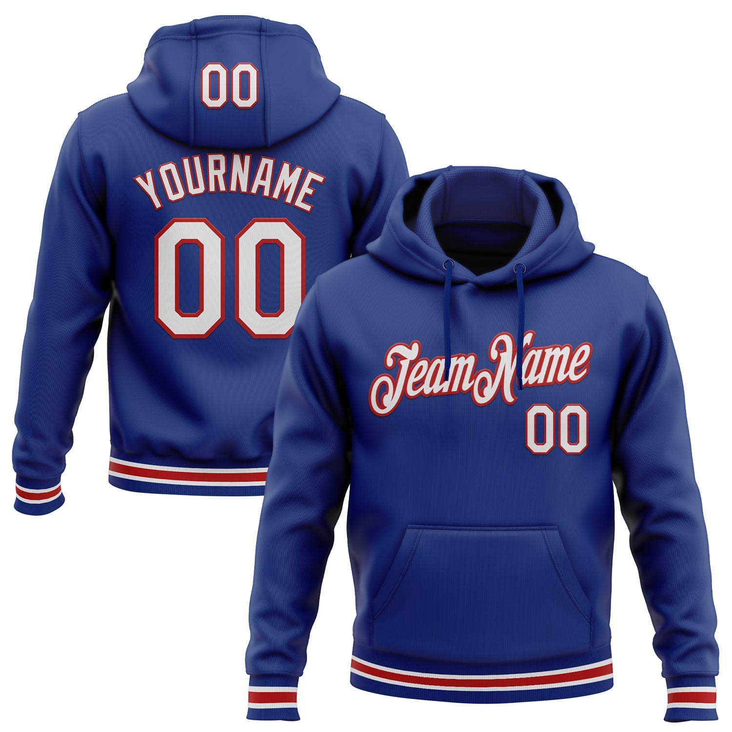 Custom Stitched Royal White-Red Sports Pullover Sweatshirt Hoodie - Main View
