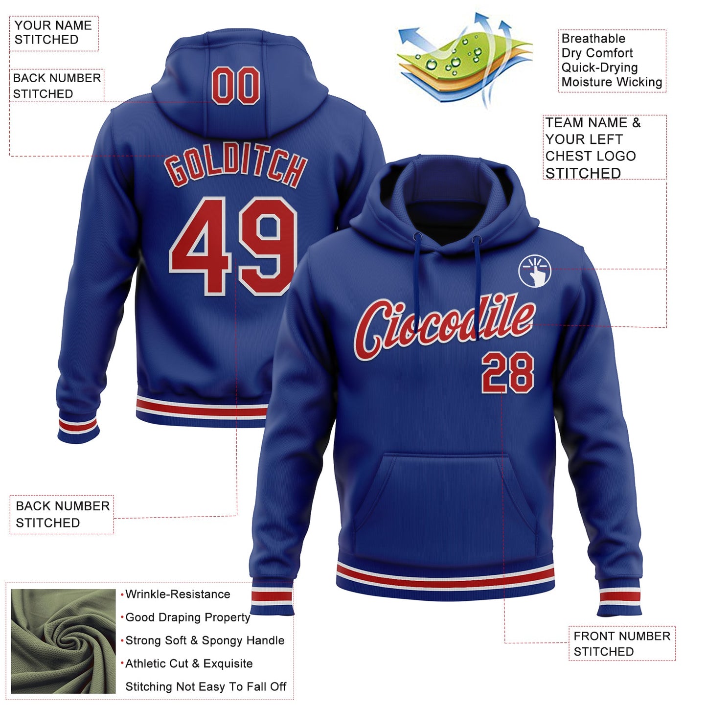 Custom Stitched Royal Red-White Sports Pullover Sweatshirt Hoodie view 3
