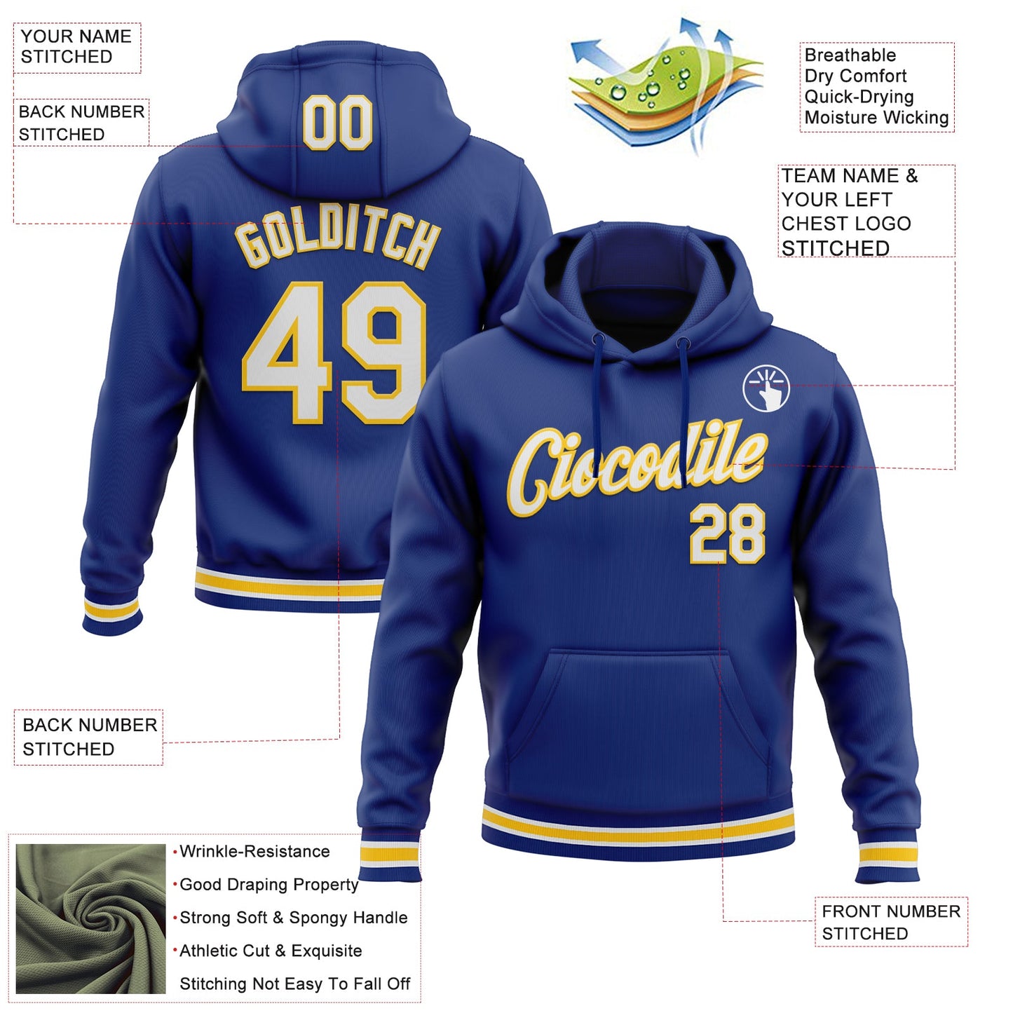 Custom Stitched Royal White-Yellow Sports Pullover Sweatshirt Hoodie view 3