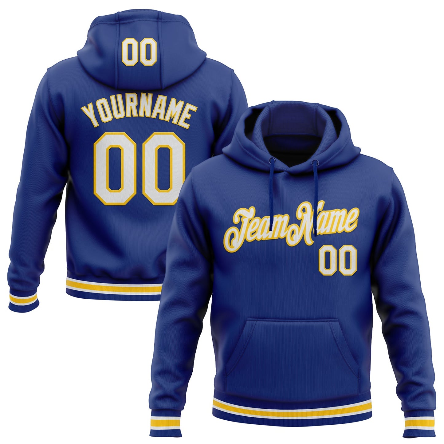 Custom Stitched Royal White-Yellow Sports Pullover Sweatshirt Hoodie - Main View