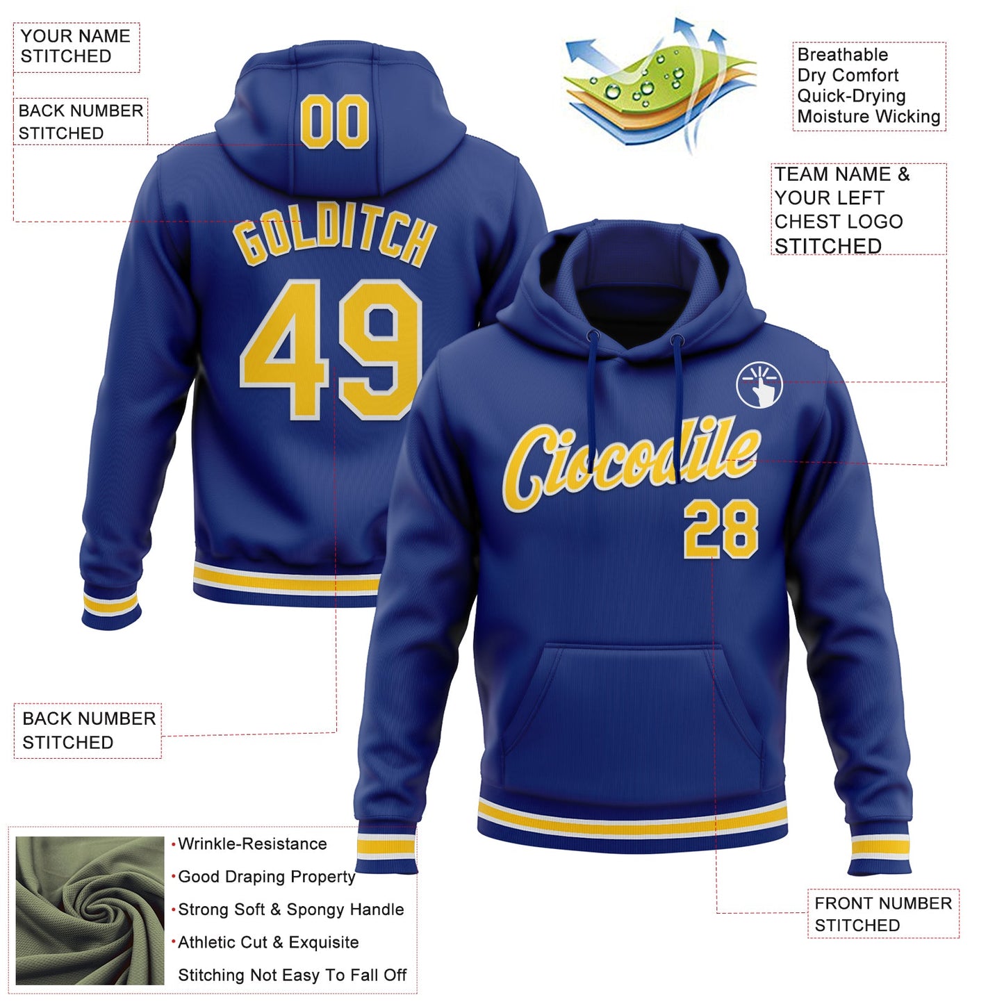 Custom Stitched Royal Yellow-White Sports Pullover Sweatshirt Hoodie view 3