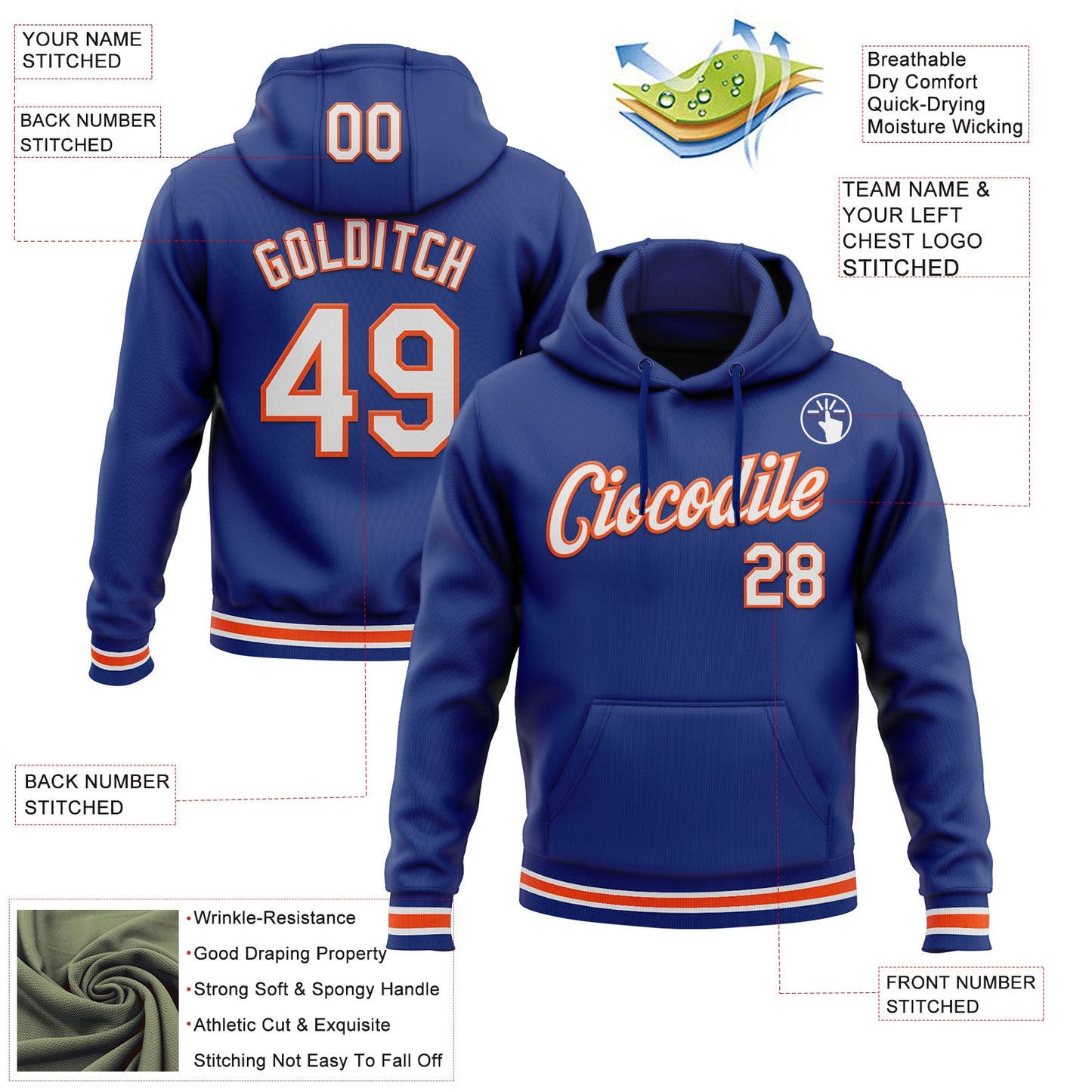 Custom Stitched Royal White-Orange Sports Pullover Sweatshirt Hoodie view 3
