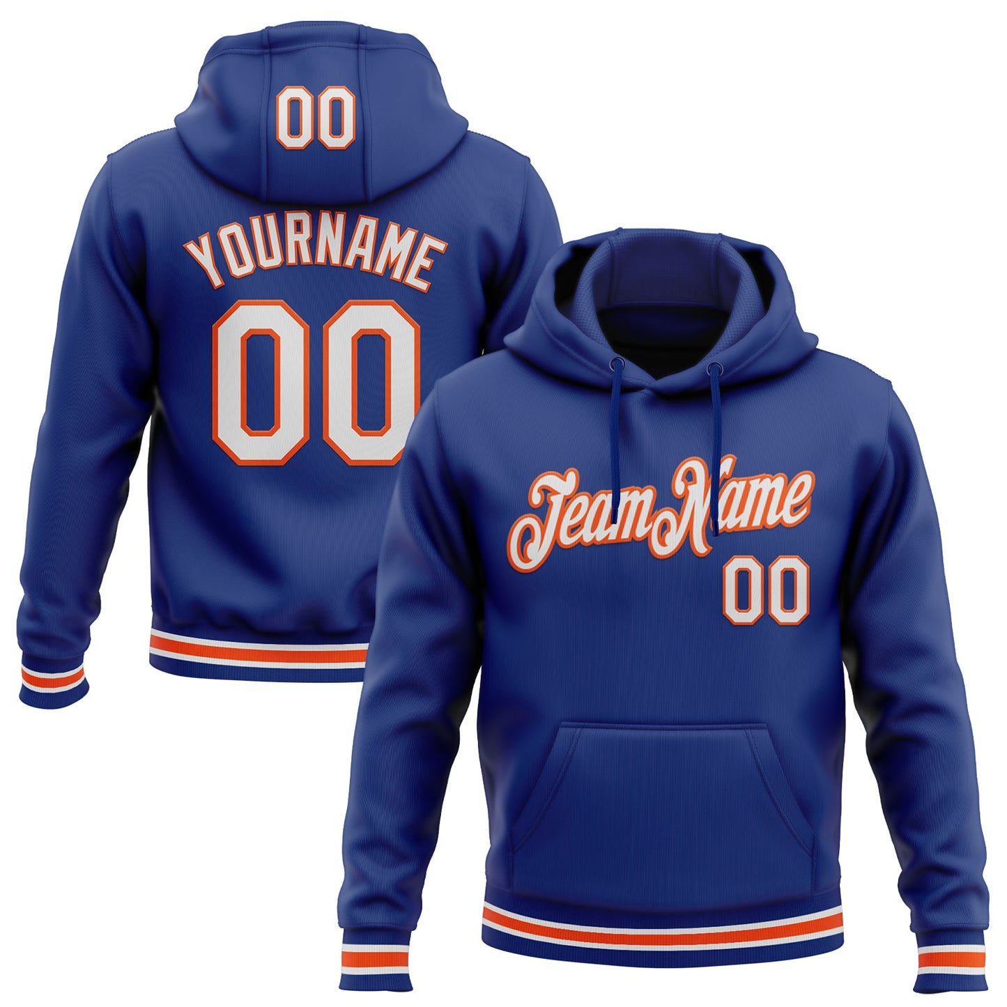 Custom Stitched Royal White-Orange Sports Pullover Sweatshirt Hoodie - Main View