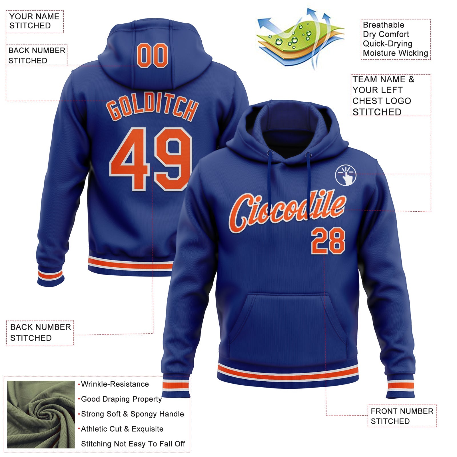 Custom Stitched Royal Orange-White Sports Pullover Sweatshirt Hoodie view 3