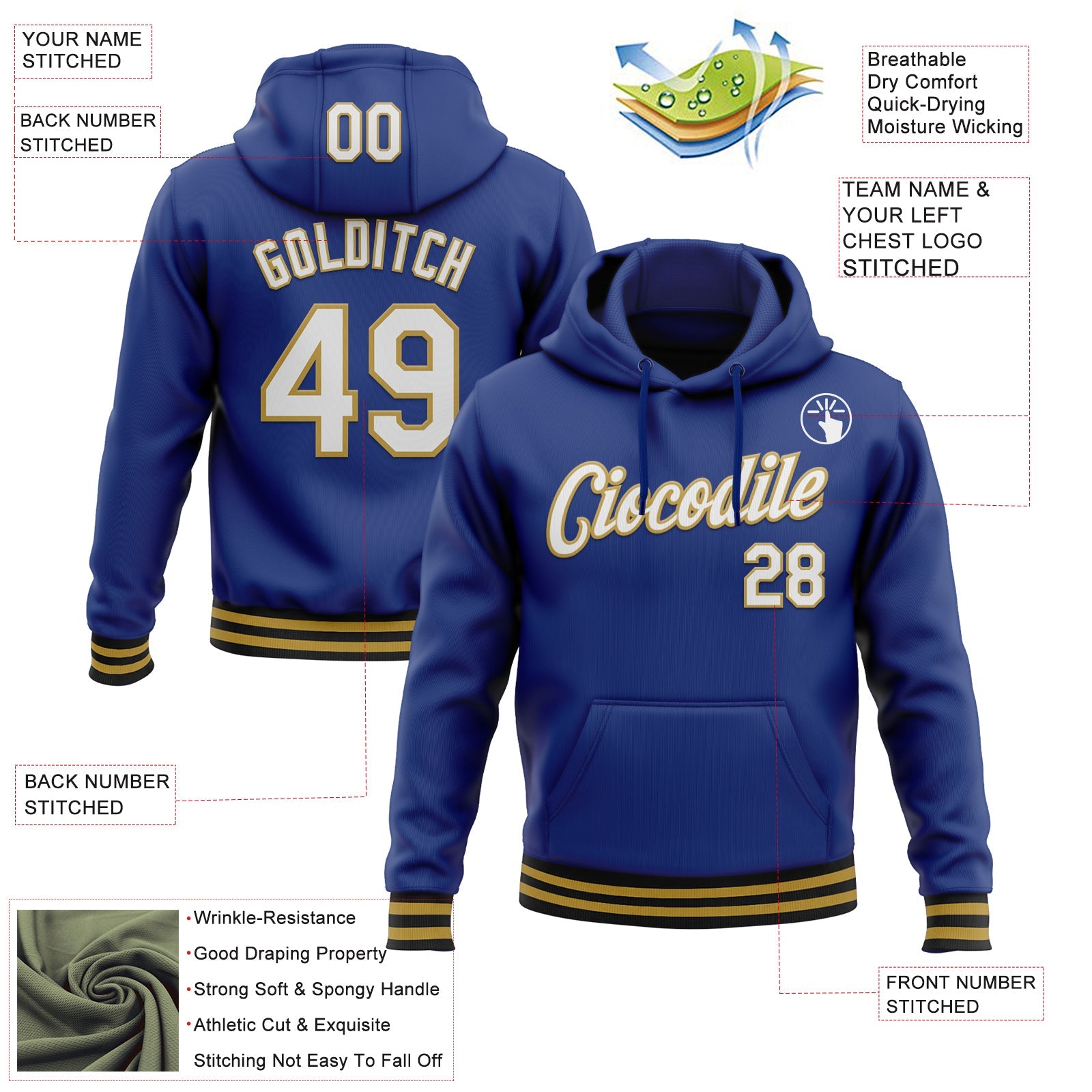 Custom Stitched Royal Old Gold-Black Sports Pullover Sweatshirt Hoodie view 3