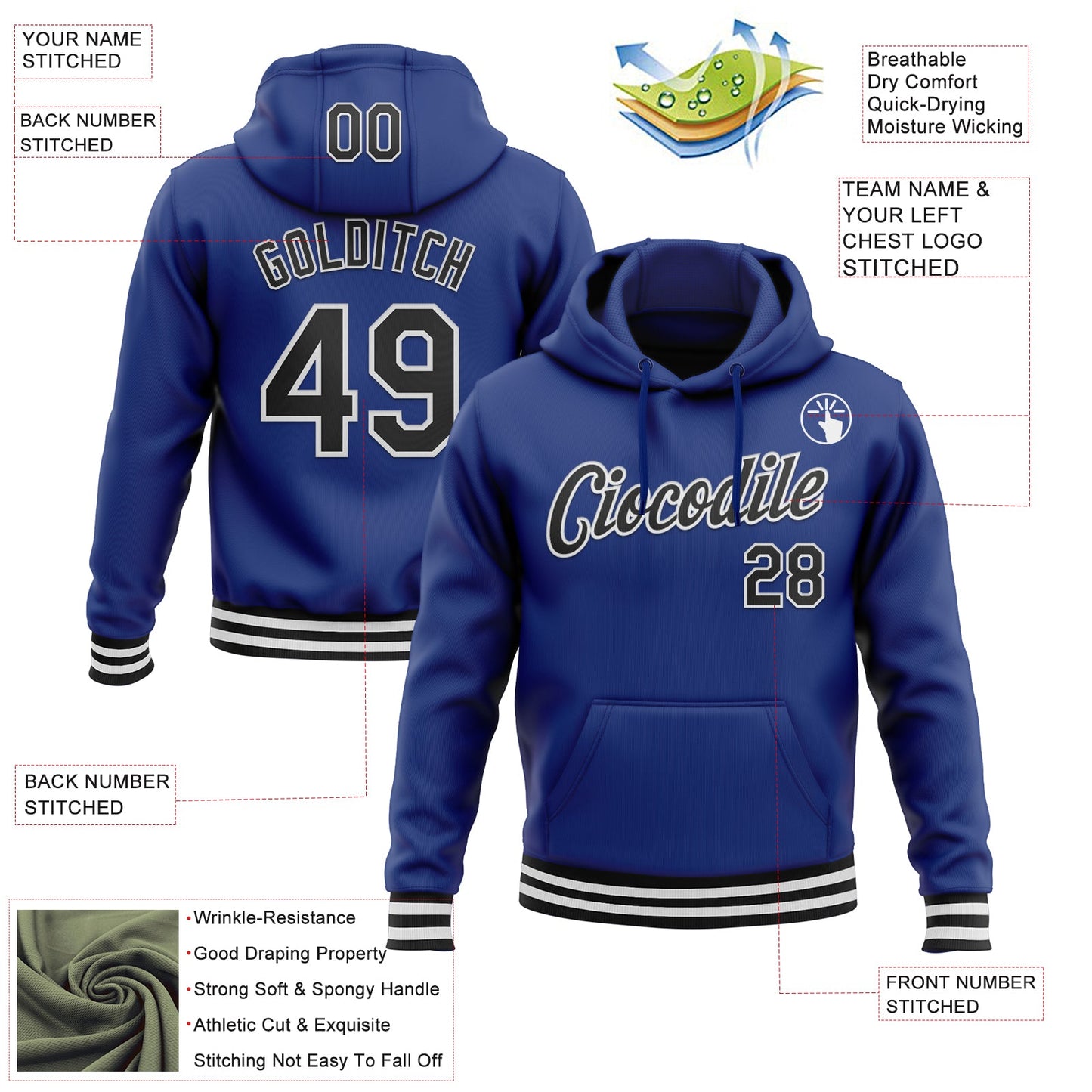 Custom Stitched Royal Black-White Sports Pullover Sweatshirt Hoodie view 3