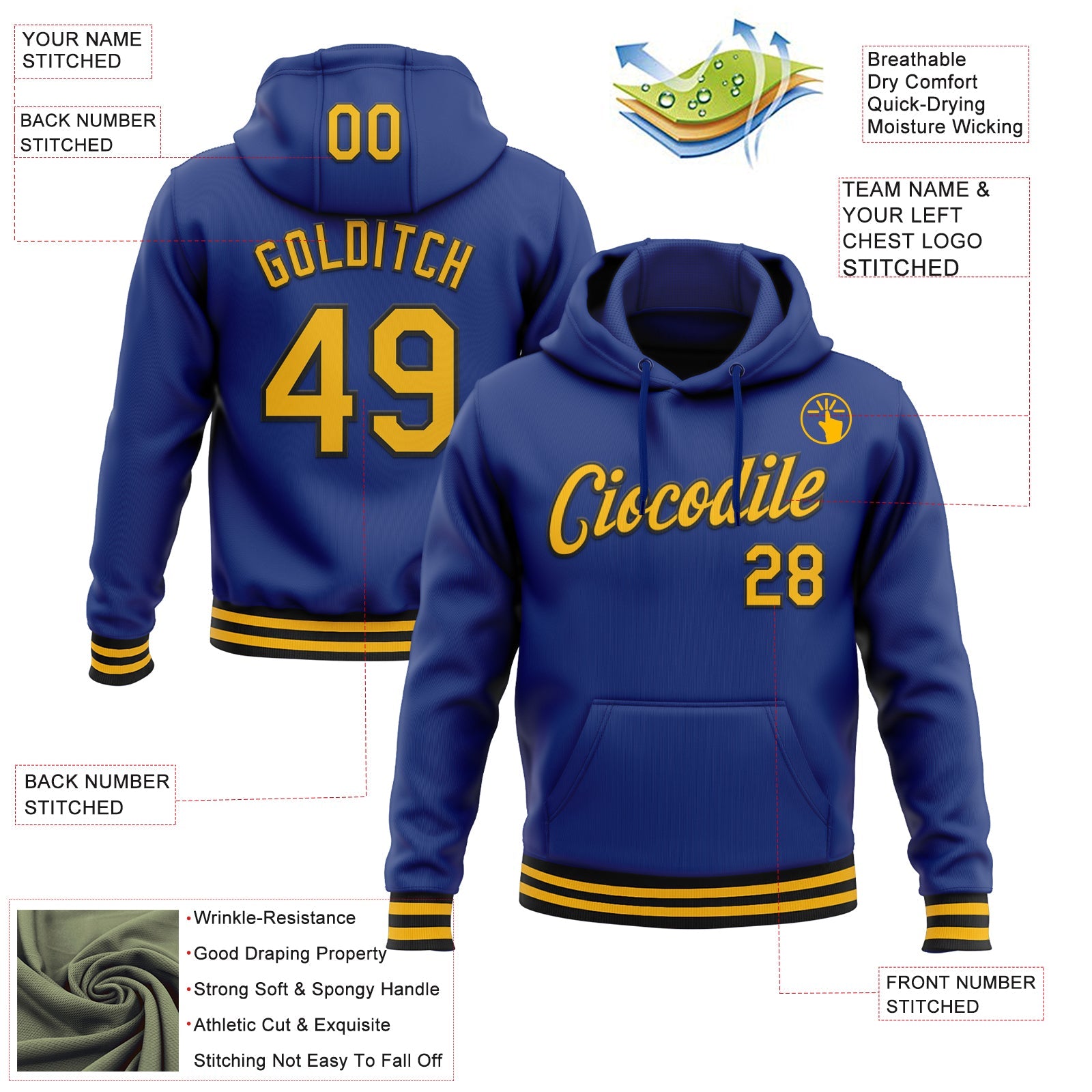 Custom Stitched Royal Gold-Black Sports Pullover Sweatshirt Hoodie view 3