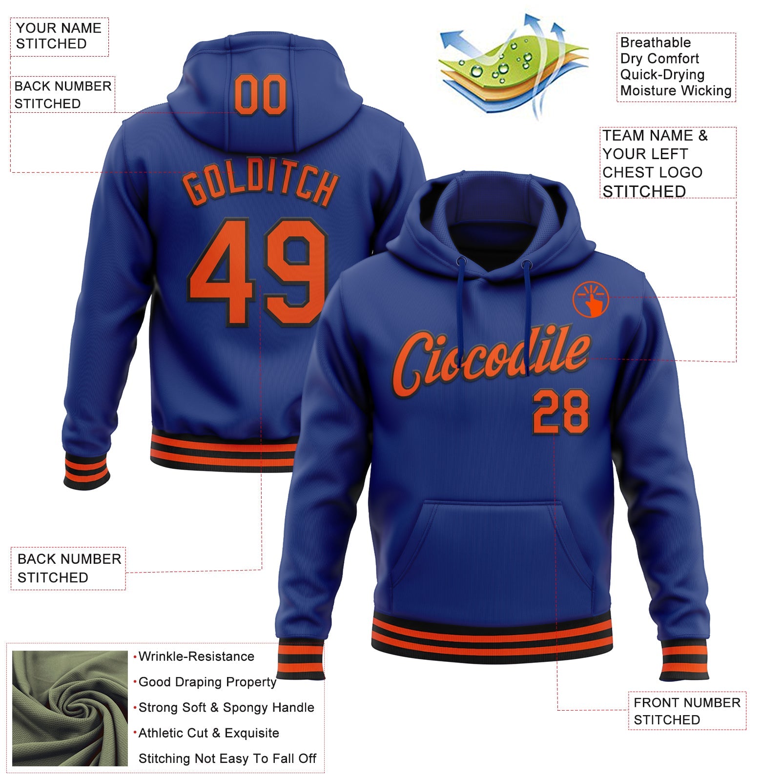Custom Stitched Royal Orange-Black Sports Pullover Sweatshirt Hoodie view 3