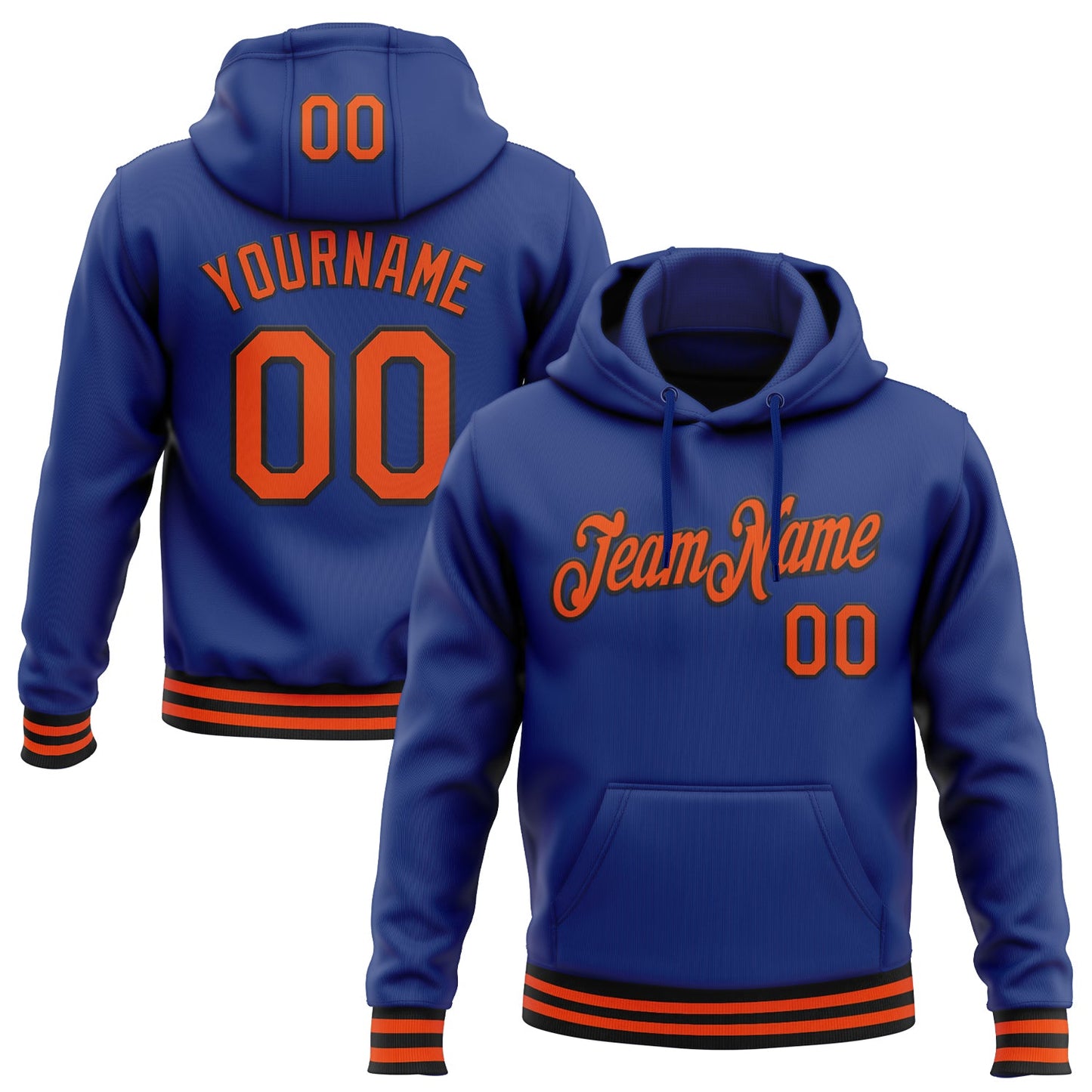 Custom Stitched Royal Orange-Black Sports Pullover Sweatshirt Hoodie - Main View