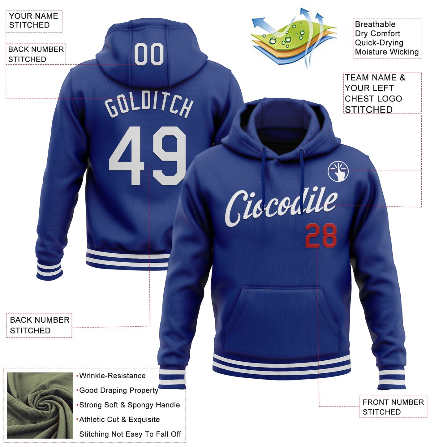 Custom Stitched Royal White-Red Sports Pullover Sweatshirt Hoodie view 3