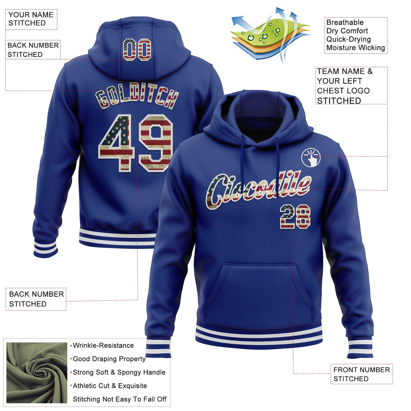 Custom Stitched Royal Vintage USA Flag-White Sports Pullover Sweatshirt Hoodie view 3