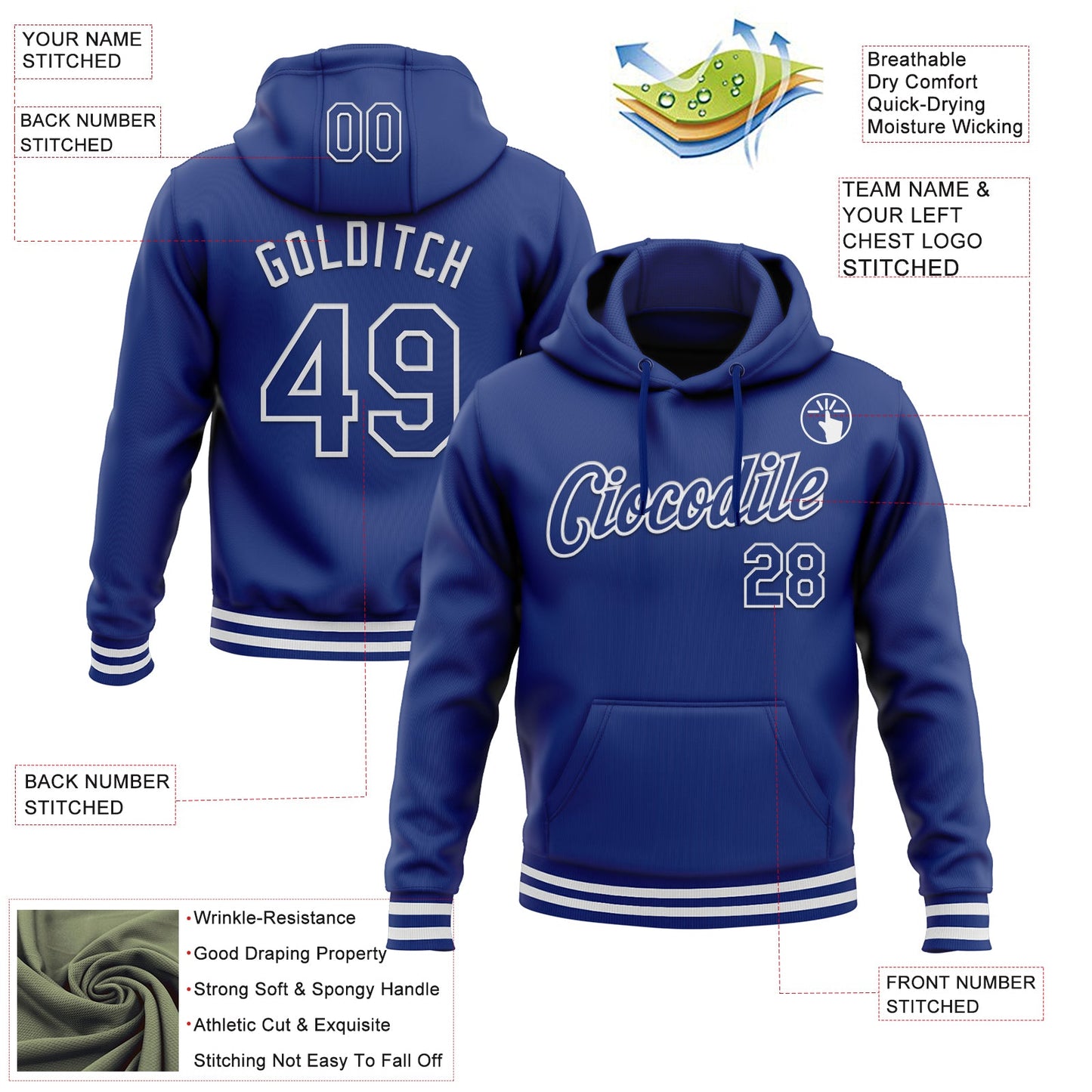 Custom Stitched Royal White Sports Pullover Sweatshirt Hoodie view 3