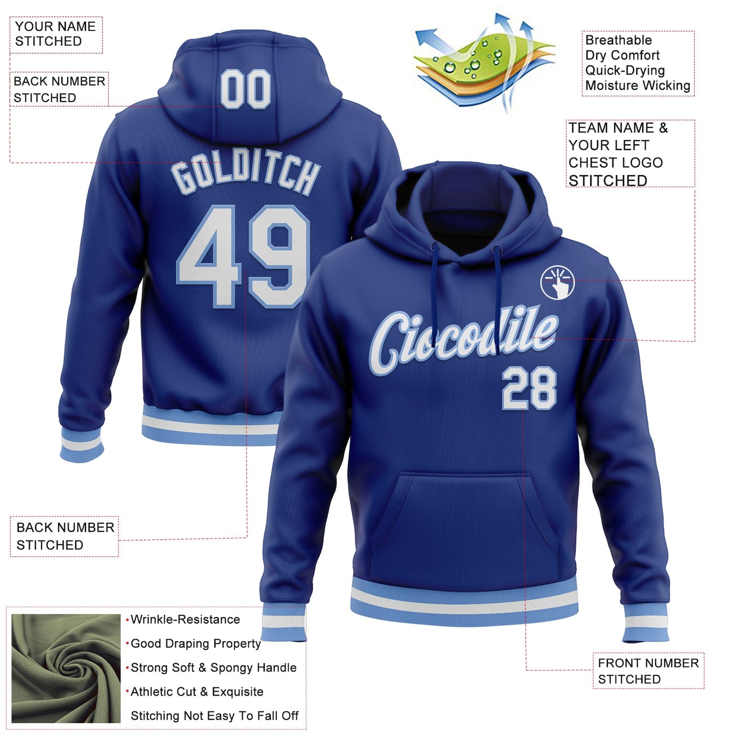 Custom Stitched Royal White-Light Blue Sports Pullover Sweatshirt Hoodie view 3