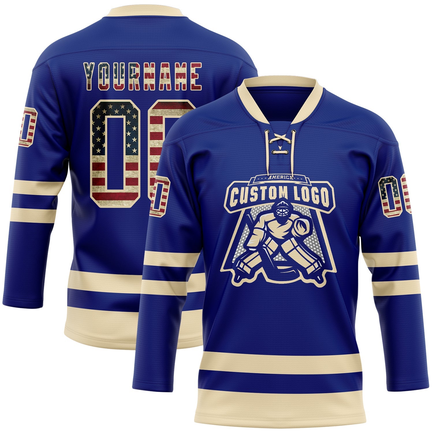 Custom Royal Vintage USA Flag-Cream Hockey Lace Neck Jersey view 2