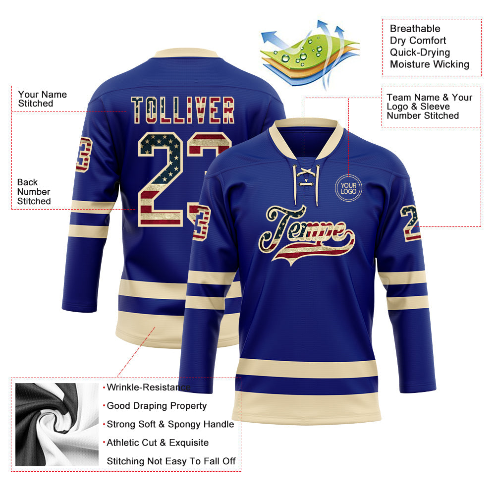 Custom Royal Vintage USA Flag-Cream Hockey Lace Neck Jersey view 3