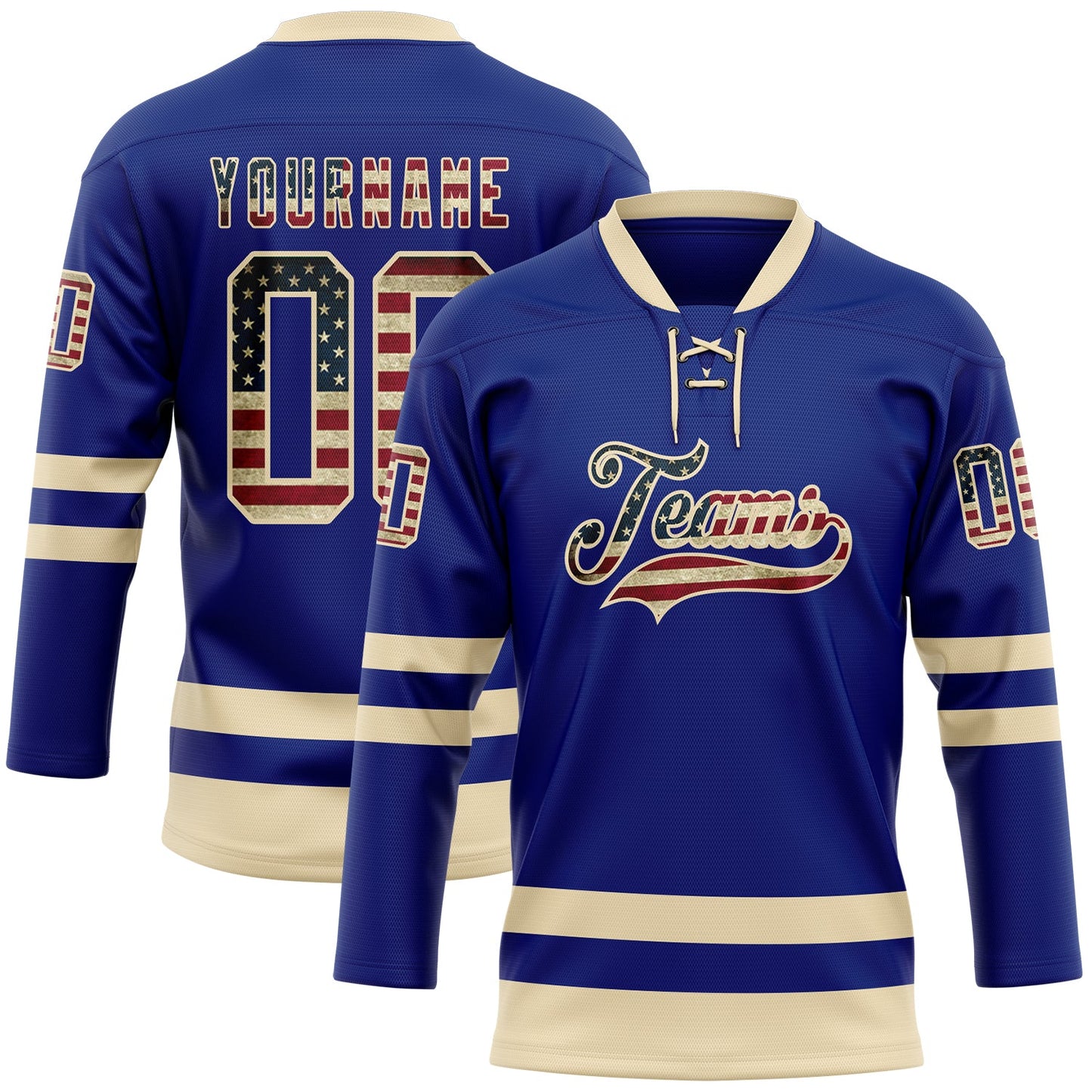 Custom Royal Vintage USA Flag-Cream Hockey Lace Neck Jersey - Main View