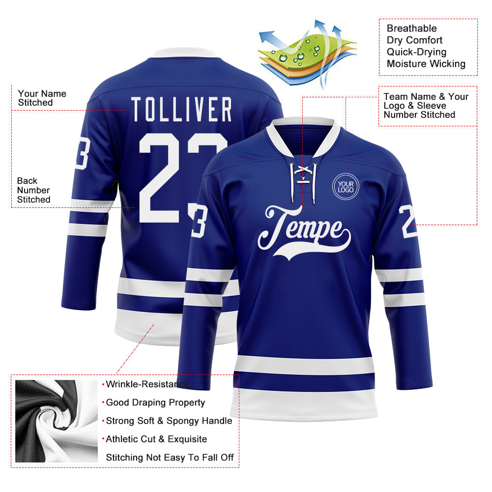 Custom Royal White Hockey Lace Neck Jersey view 3