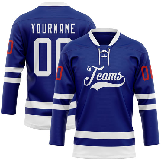 Custom Royal White-Red Hockey Lace Neck Jersey - Main View