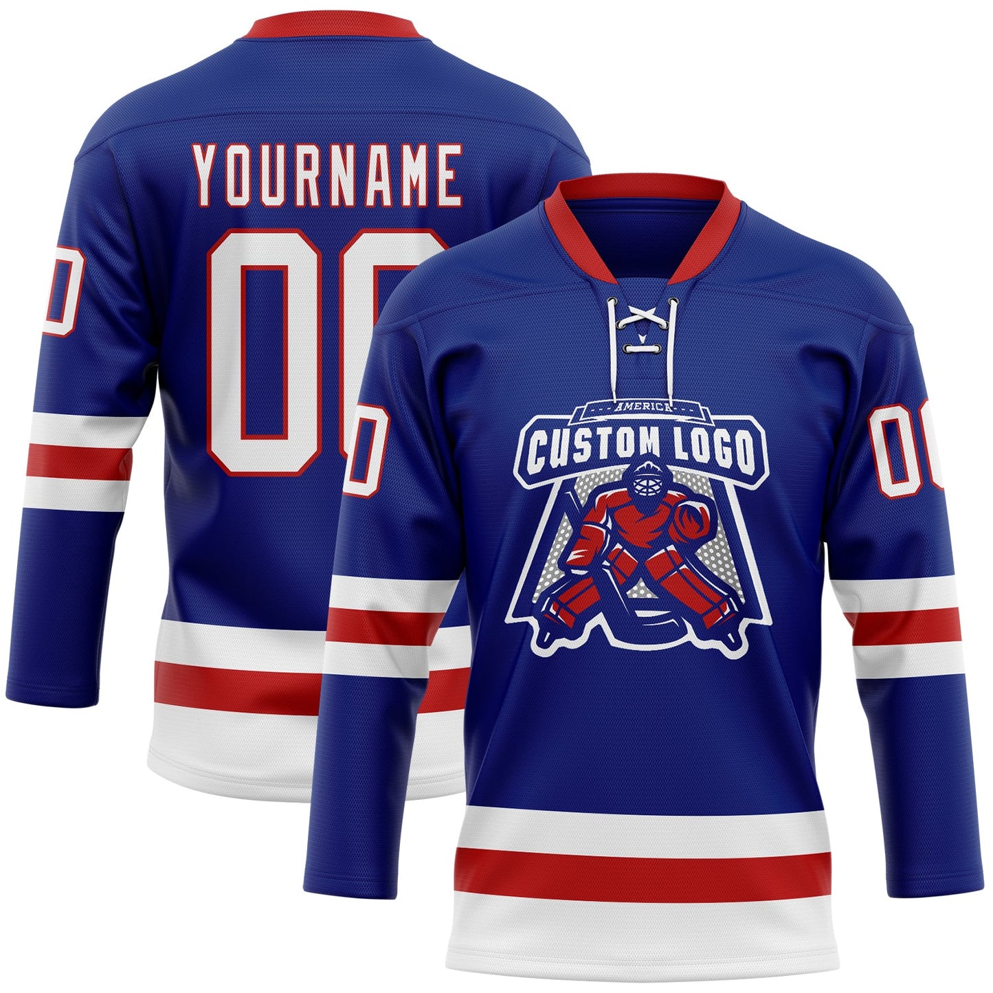 Custom Royal White-Red Hockey Lace Neck Jersey view 2