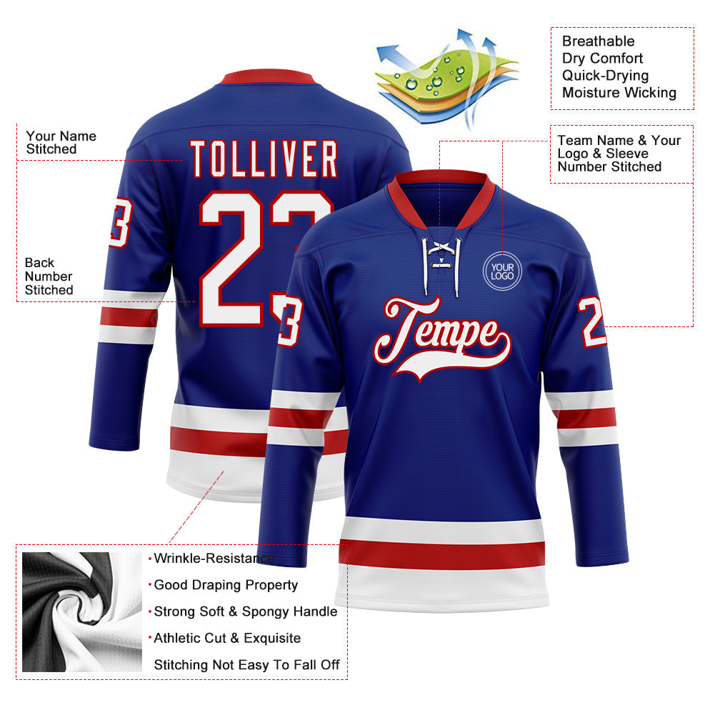 Custom Royal White-Red Hockey Lace Neck Jersey view 3
