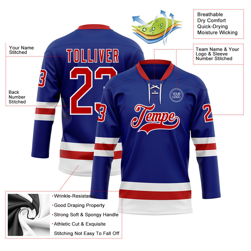 Custom Royal Red-White Hockey Lace Neck Jersey view 3