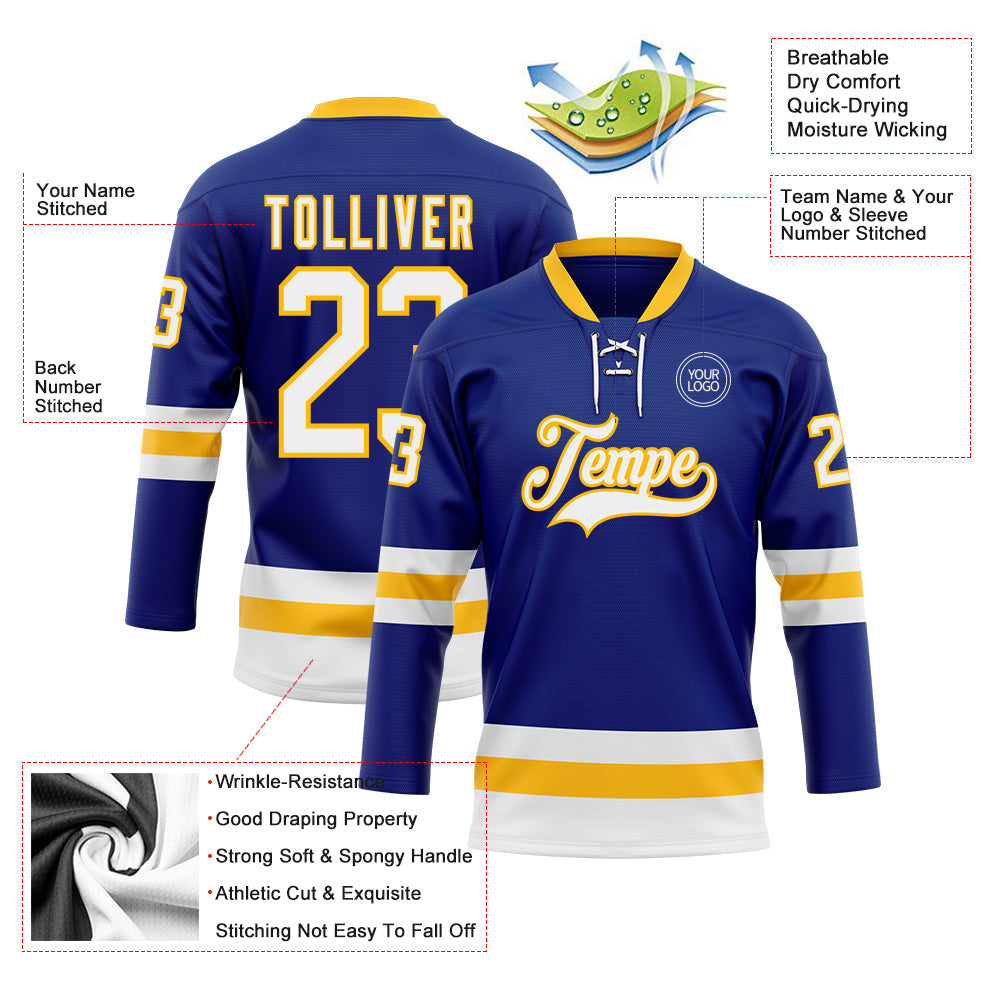 Custom Royal White-Gold Hockey Lace Neck Jersey view 3