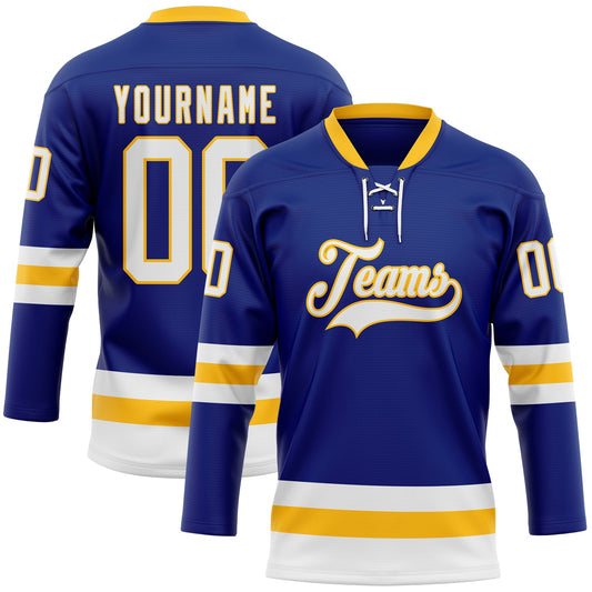 Custom Royal White-Gold Hockey Lace Neck Jersey - Main View