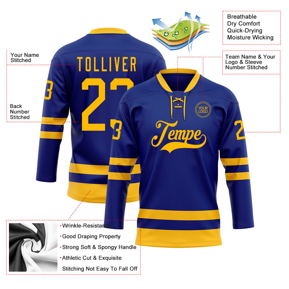 Custom Royal Gold Hockey Lace Neck Jersey view 3