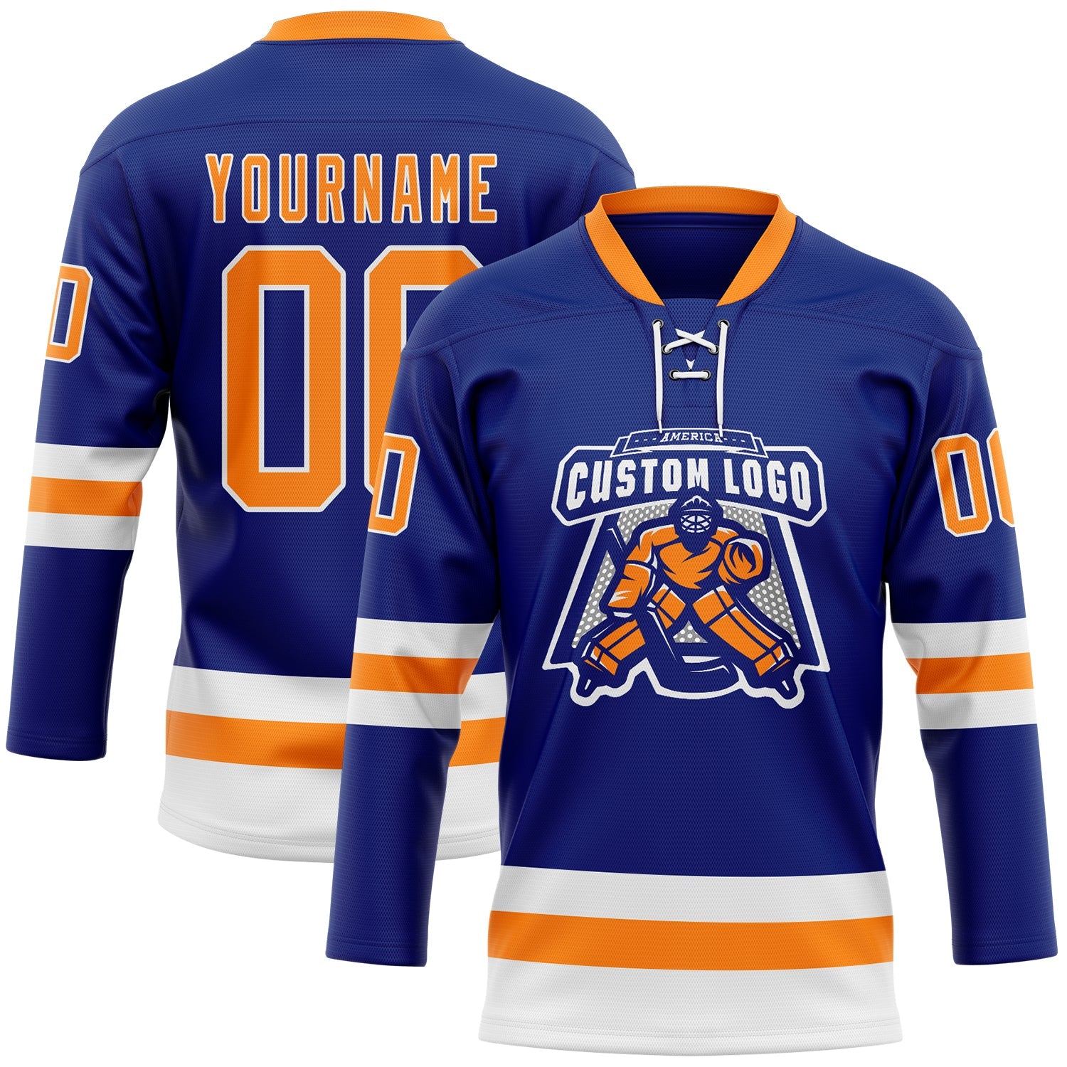 Custom Royal Bay Orange-White Hockey Lace Neck Jersey view 2