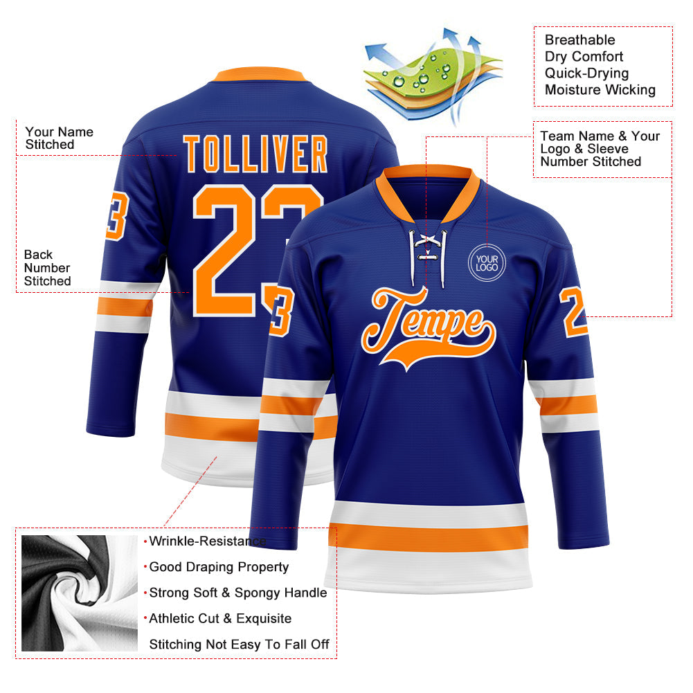 Custom Royal Bay Orange-White Hockey Lace Neck Jersey view 3