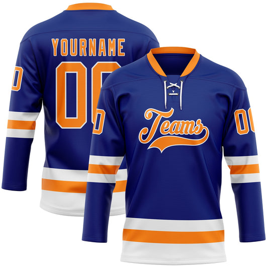 Custom Royal Bay Orange-White Hockey Lace Neck Jersey - Main View
