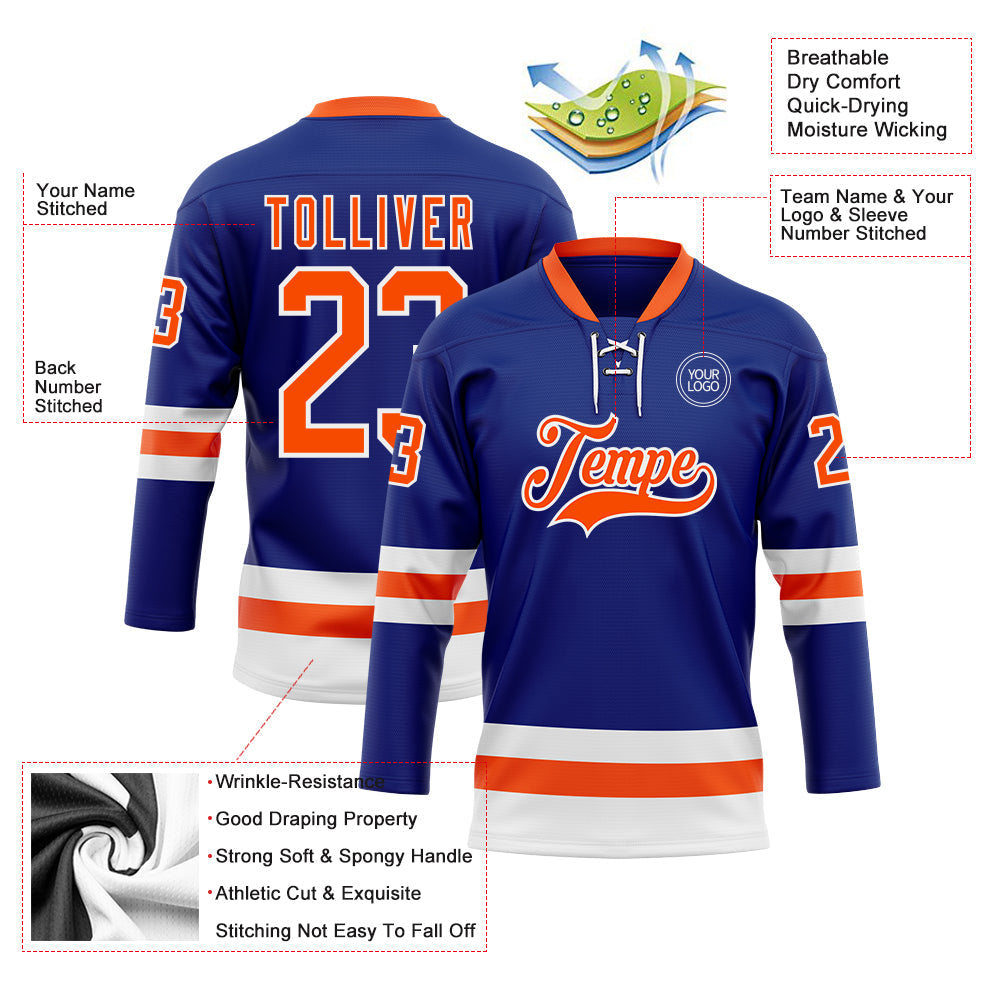 Custom Royal Orange-White Hockey Lace Neck Jersey view 3