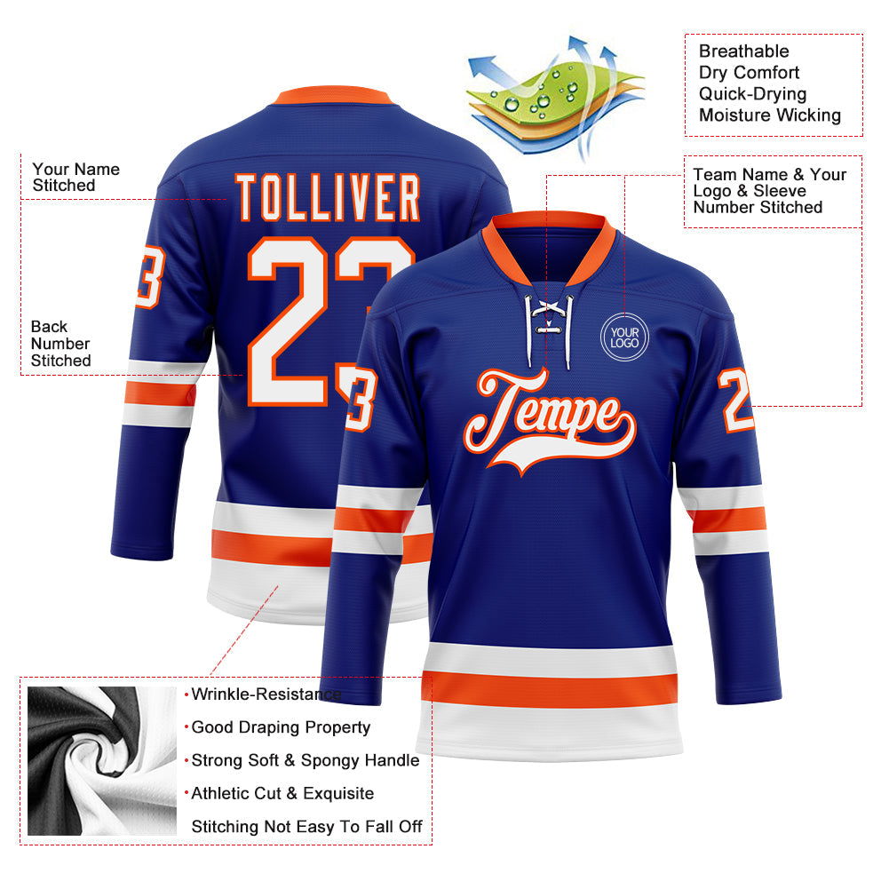 Custom Royal White-Orange Hockey Lace Neck Jersey view 3