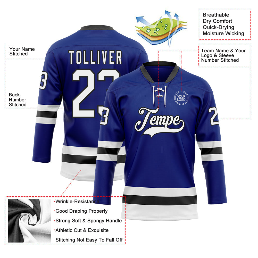 Custom Royal White-Black Hockey Lace Neck Jersey view 3