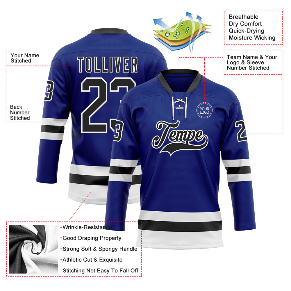 Custom Royal Black-White Hockey Lace Neck Jersey view 3