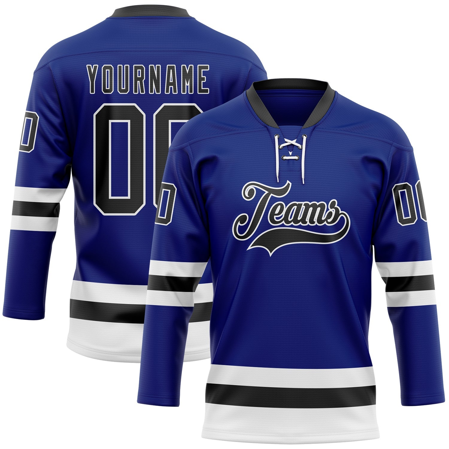 Custom Royal Black-White Hockey Lace Neck Jersey - Main View