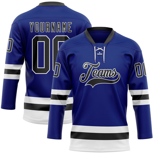 Custom Royal Black-White Hockey Lace Neck Jersey - Main View