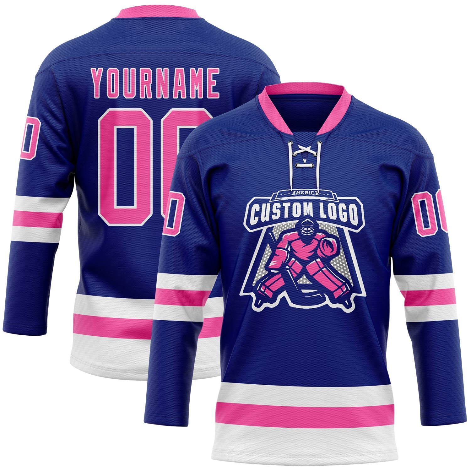 Custom Royal Pink-White Hockey Lace Neck Jersey view 2