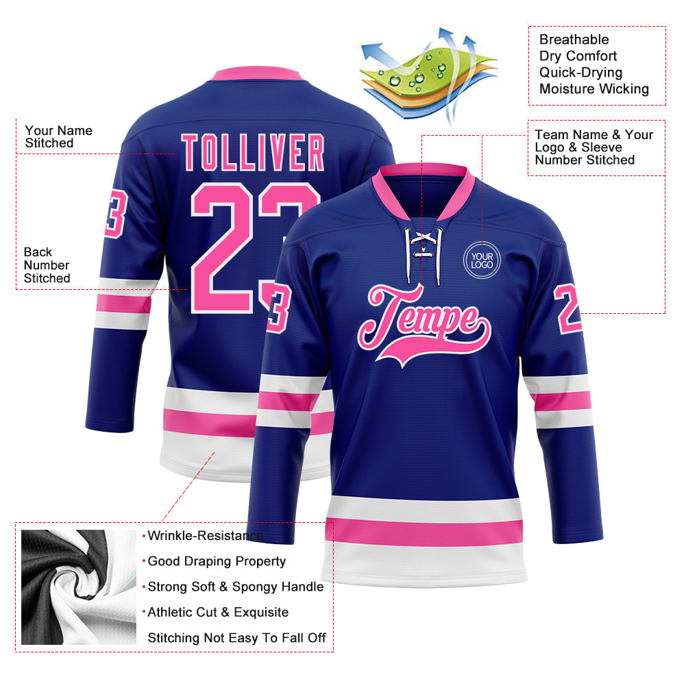Custom Royal Pink-White Hockey Lace Neck Jersey view 3