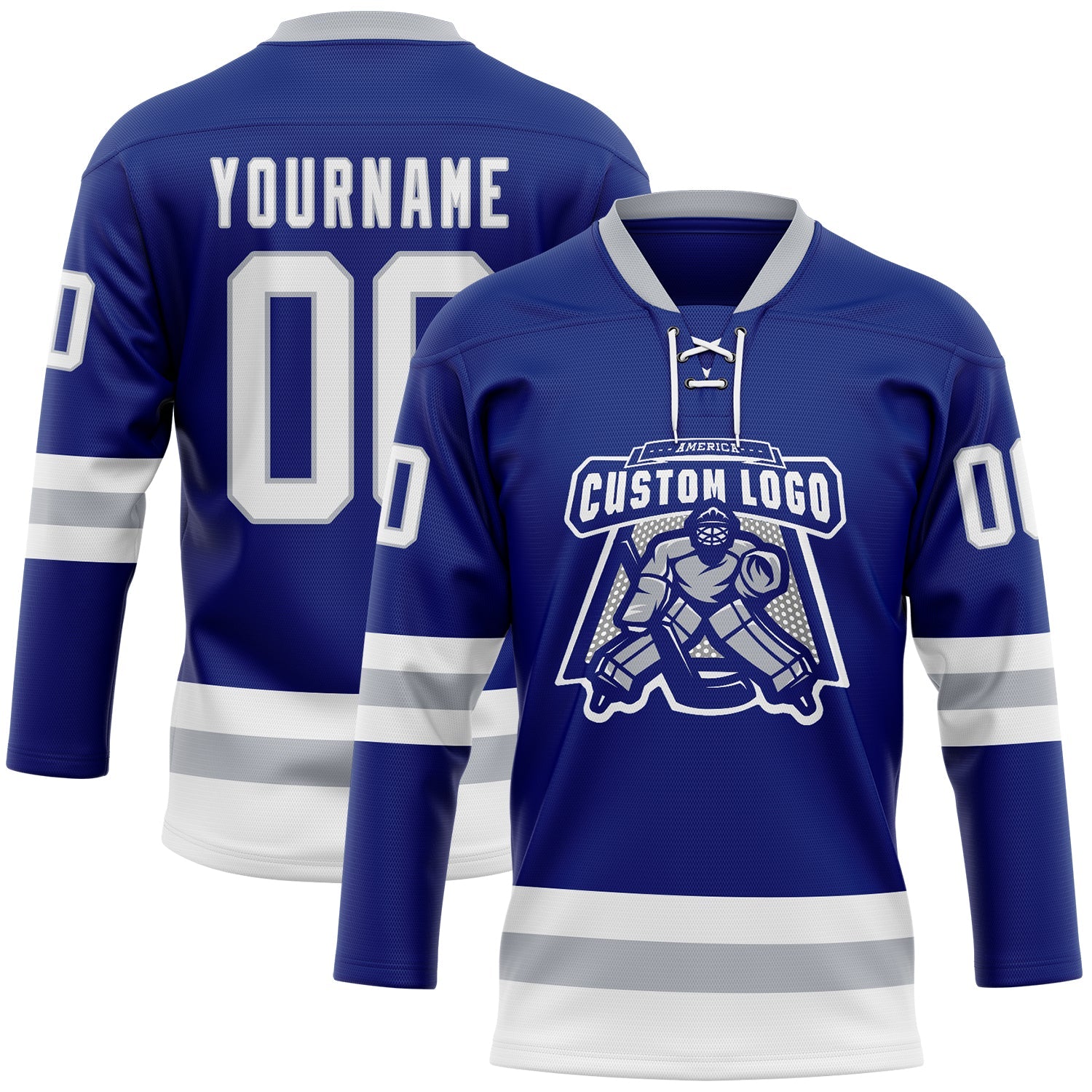 Custom Royal White-Gray Hockey Lace Neck Jersey view 2