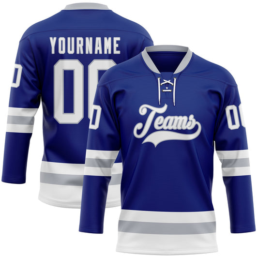 Custom Royal White-Gray Hockey Lace Neck Jersey - Main View